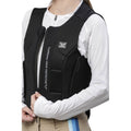 Person wearing a black back protector vest with visible branding on a white background