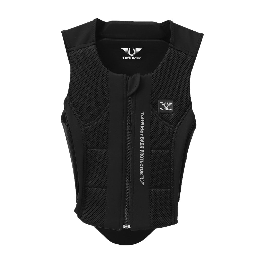 Black protective vest with TuffRider branding on a white background