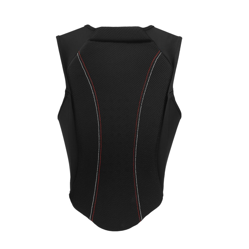 Black protective vest with red stitching on a white background