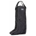 Black quilted boot bag with a brand logo on a white background