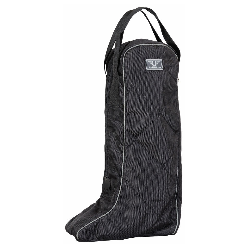 Black quilted boot bag with a brand logo on a white background