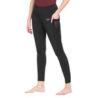 Person wearing black leggings with a brand logo on a white background