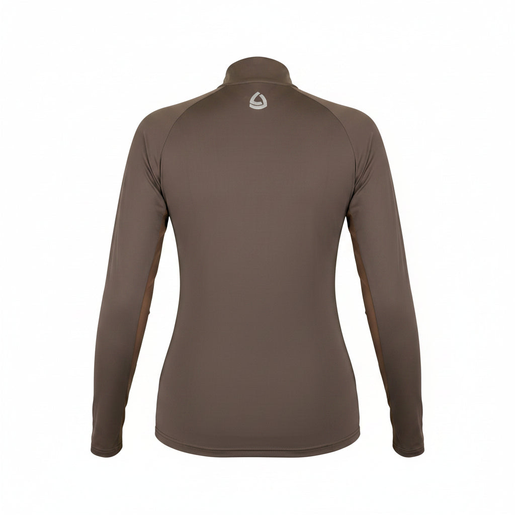 Brown long-sleeve shirt worn by a person on a white background