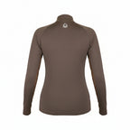 Brown long-sleeve shirt worn by a person on a white background