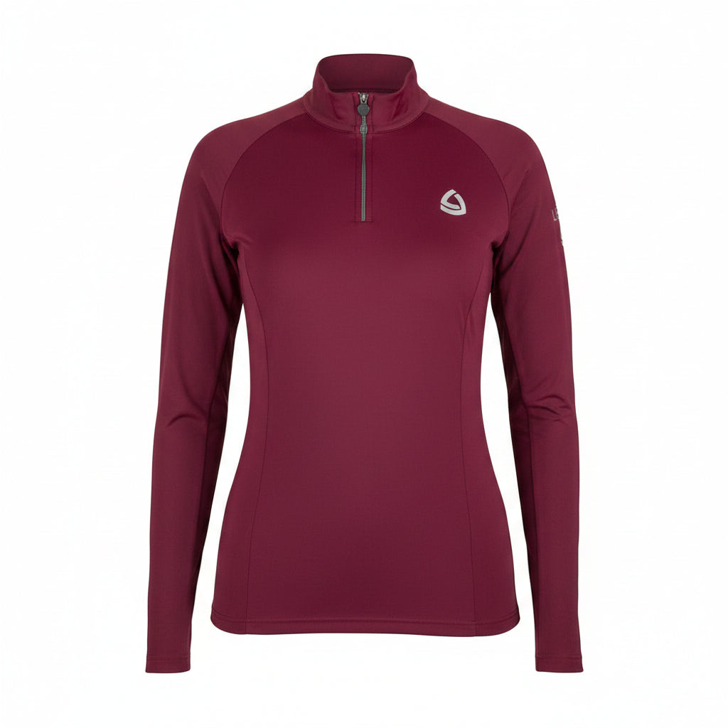 Maroon long-sleeve top with a logo on a white background