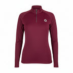 Maroon long-sleeve top with a logo on a white background