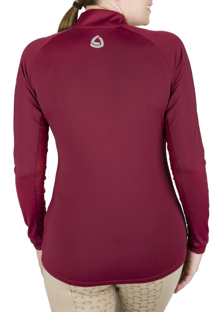 Maroon long-sleeve athletic top with a brand logo on the back, worn by a person.