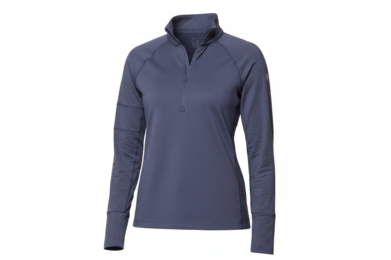 Blue long-sleeve pullover with a quarter-zip on a white background