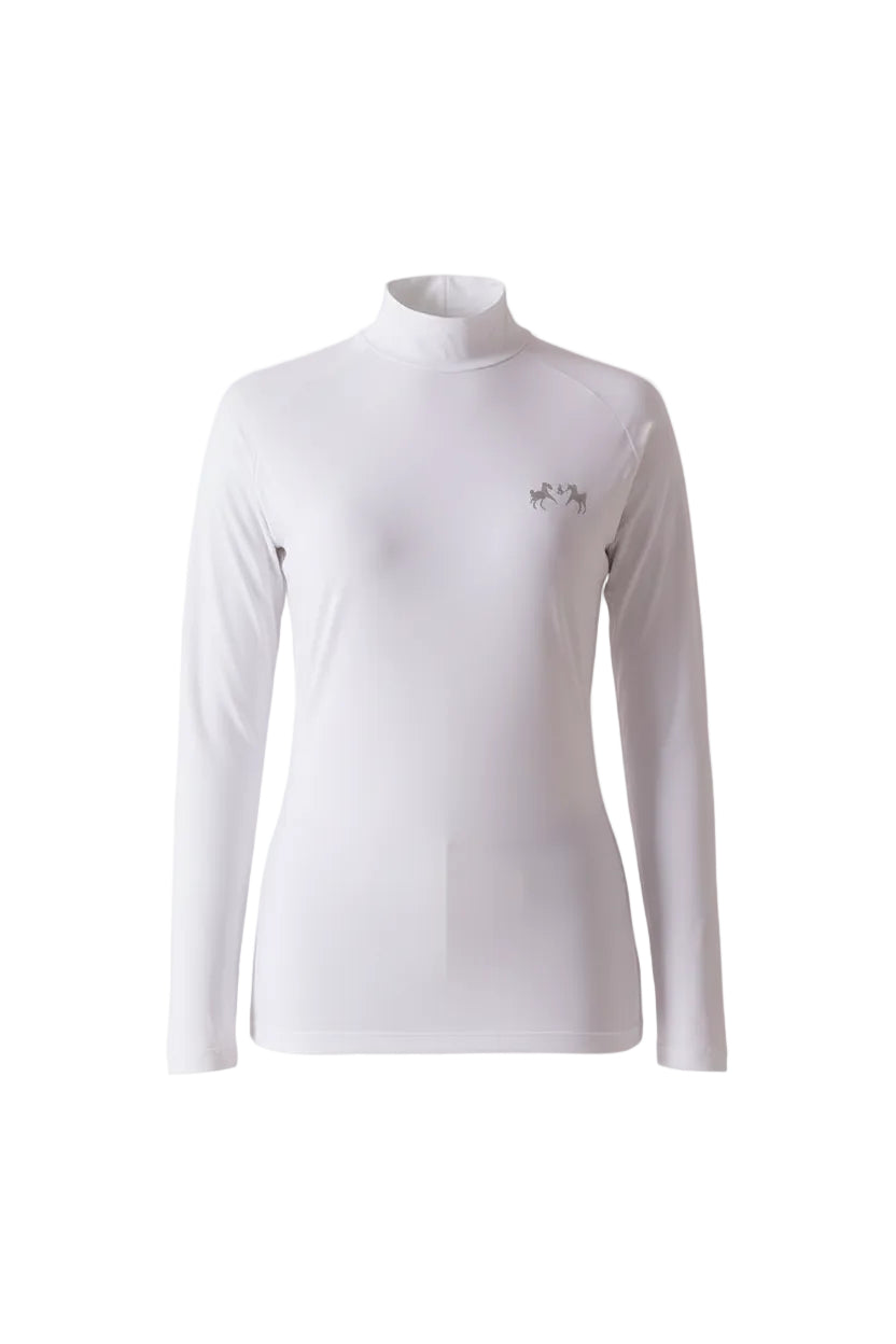 Woman wearing a white long-sleeve top with a logo on a light gray background