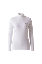 Woman wearing a white long-sleeve top with a logo on a light gray background