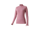 Woman wearing a pink long-sleeve top against a white background