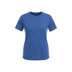 Woman wearing a blue t-shirt and black leggings on a white background