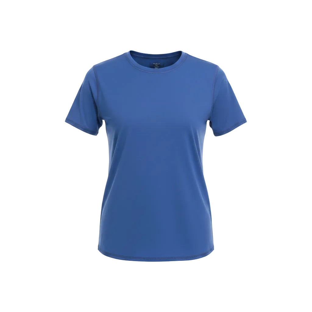 Woman wearing a blue t-shirt and black leggings on a white background