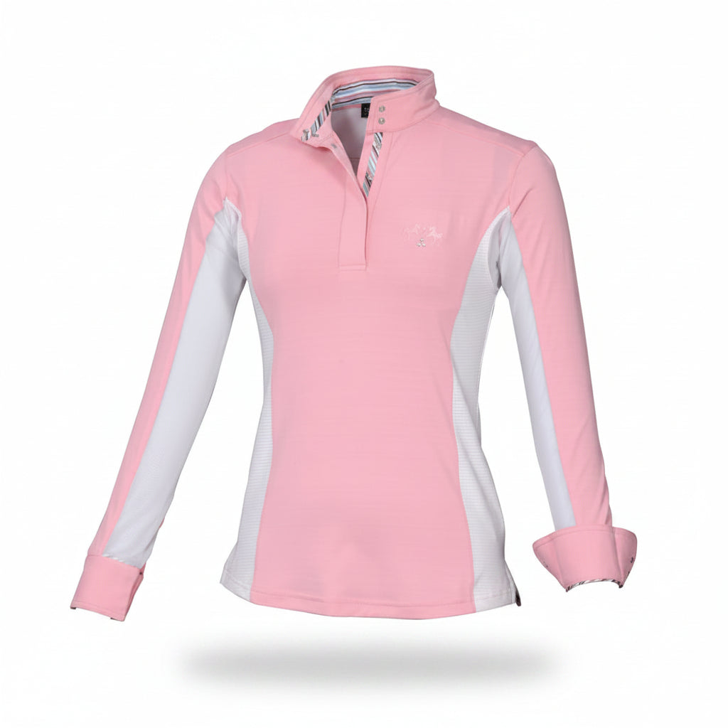 Pink and white long-sleeve shirt on a mannequin with a white background