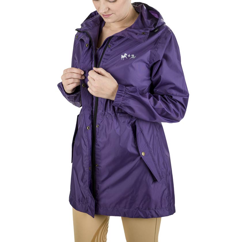 Purple raincoat with a brand logo on a white background