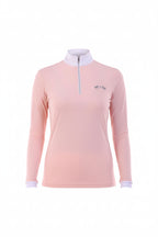 Pink long-sleeve top with a quarter zip and white collar on a white background