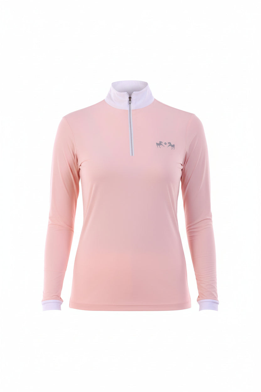 Pink long-sleeve top with a quarter zip and white collar on a white background
