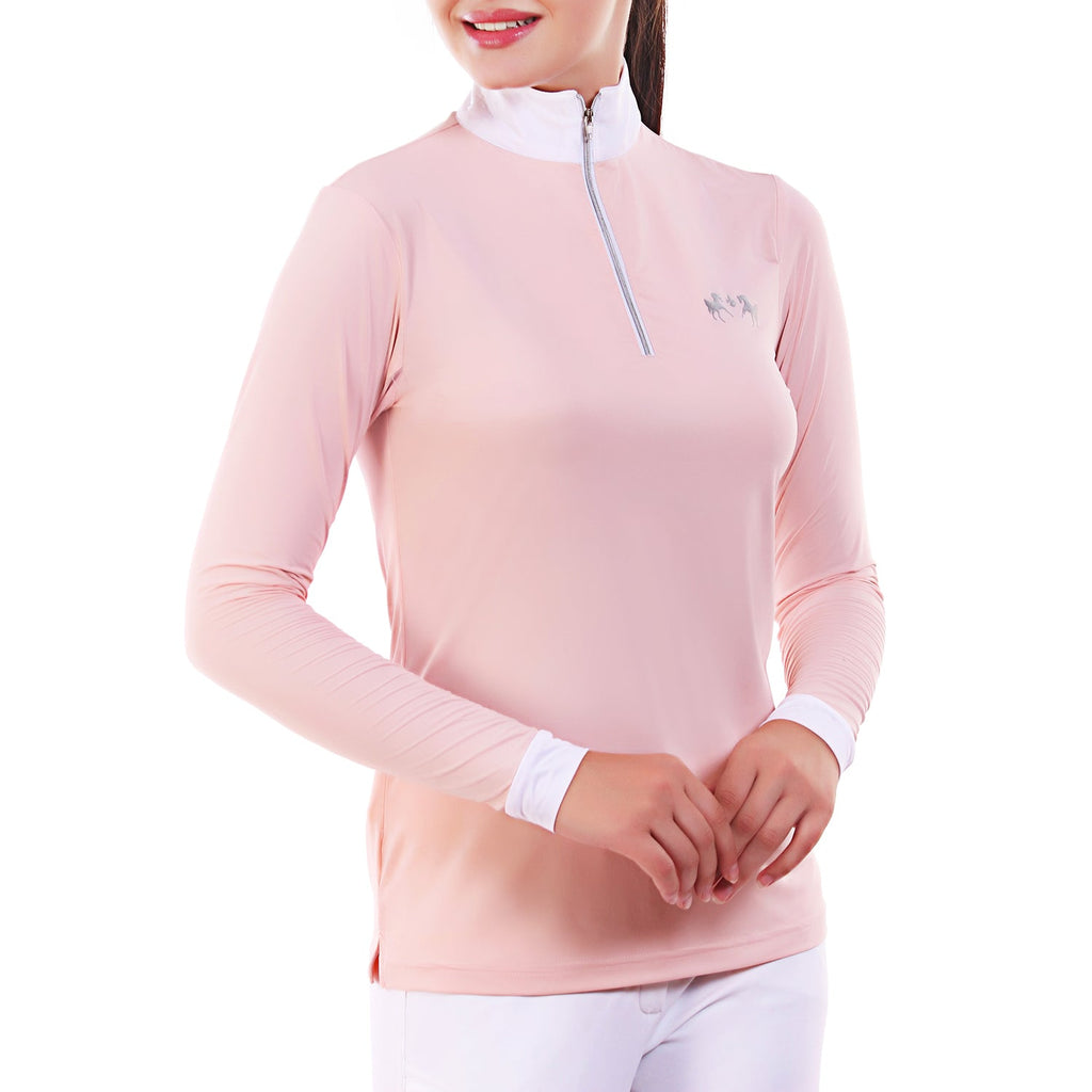 Pink long-sleeve athletic shirt with a brand logo on a white background