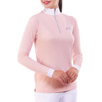 Pink long-sleeve athletic shirt with a brand logo on a white background