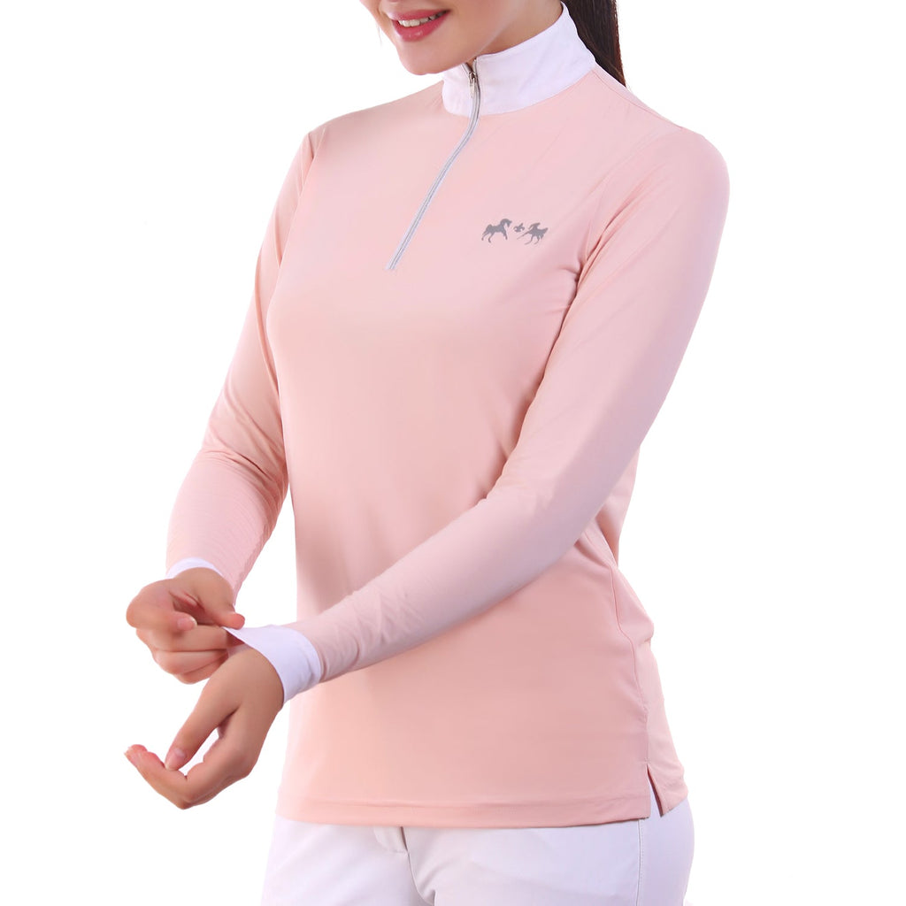 Person wearing a pink long-sleeve shirt with a white collar on a white background