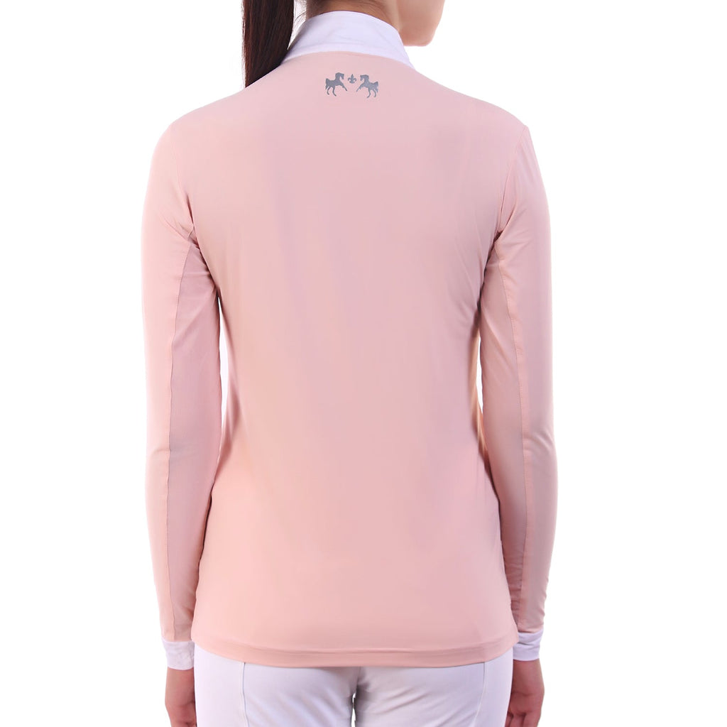 Person wearing a light pink long-sleeve equestrian shirt with a logo on the back against a white background