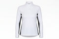 Woman wearing a white long-sleeve top with a high collar on a white background