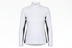 Woman wearing a white long-sleeve top with a high collar on a white background