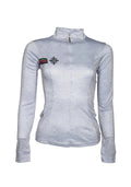 Gray long-sleeve shirt with a logo on a light gray background