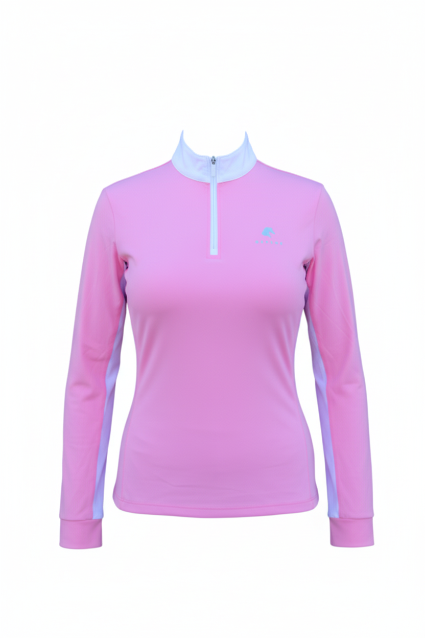 Pink long-sleeve top with a small logo on a white background