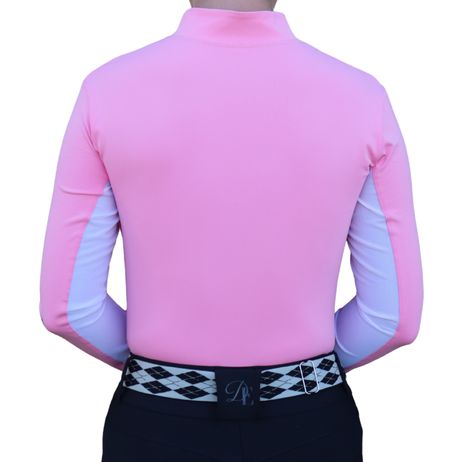 Pink long-sleeve top with a black and white patterned belt on a white background
