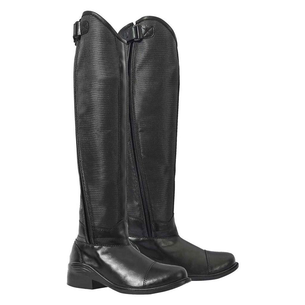 Pair of black riding boots on a white background