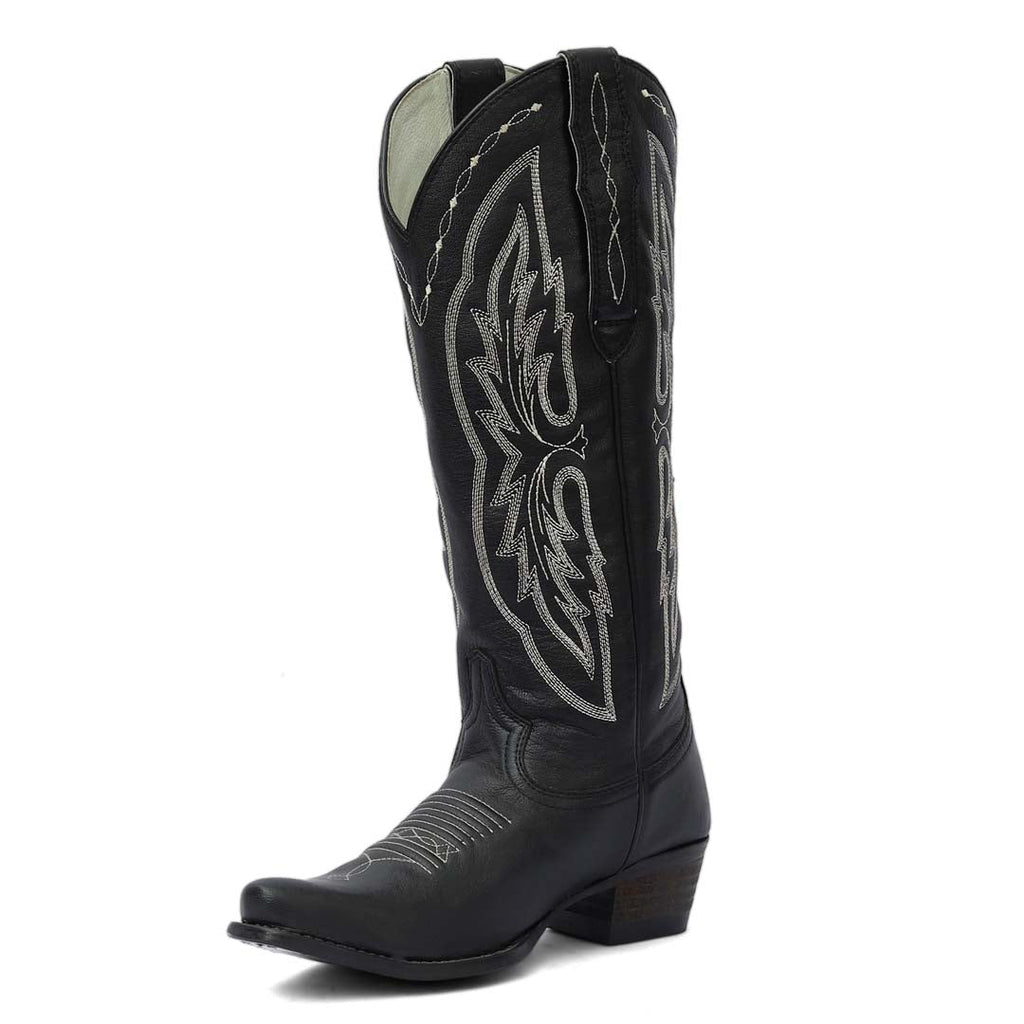 Black cowboy boot with white embroidery on a white background