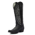 Black cowboy boot with white embroidery on a white background