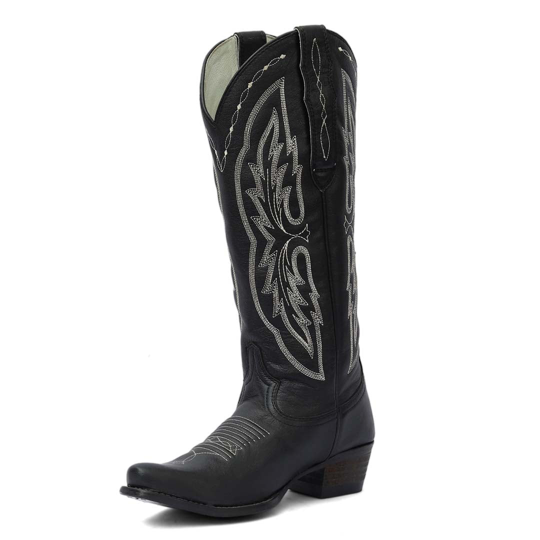 Black cowboy boot with white embroidery on a white background