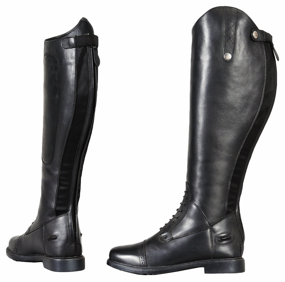 Pair of black riding boots on a white background