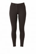 Black riding pants worn by a person on a white background