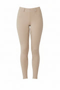 Beige leggings worn by a person on a white background