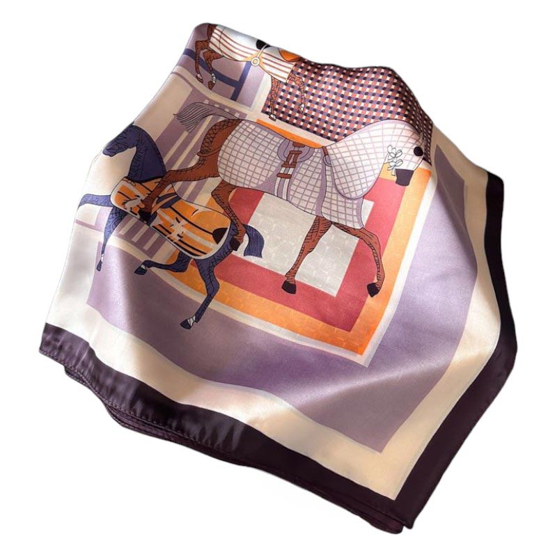 Silk scarf with horse and geometric pattern on a white background