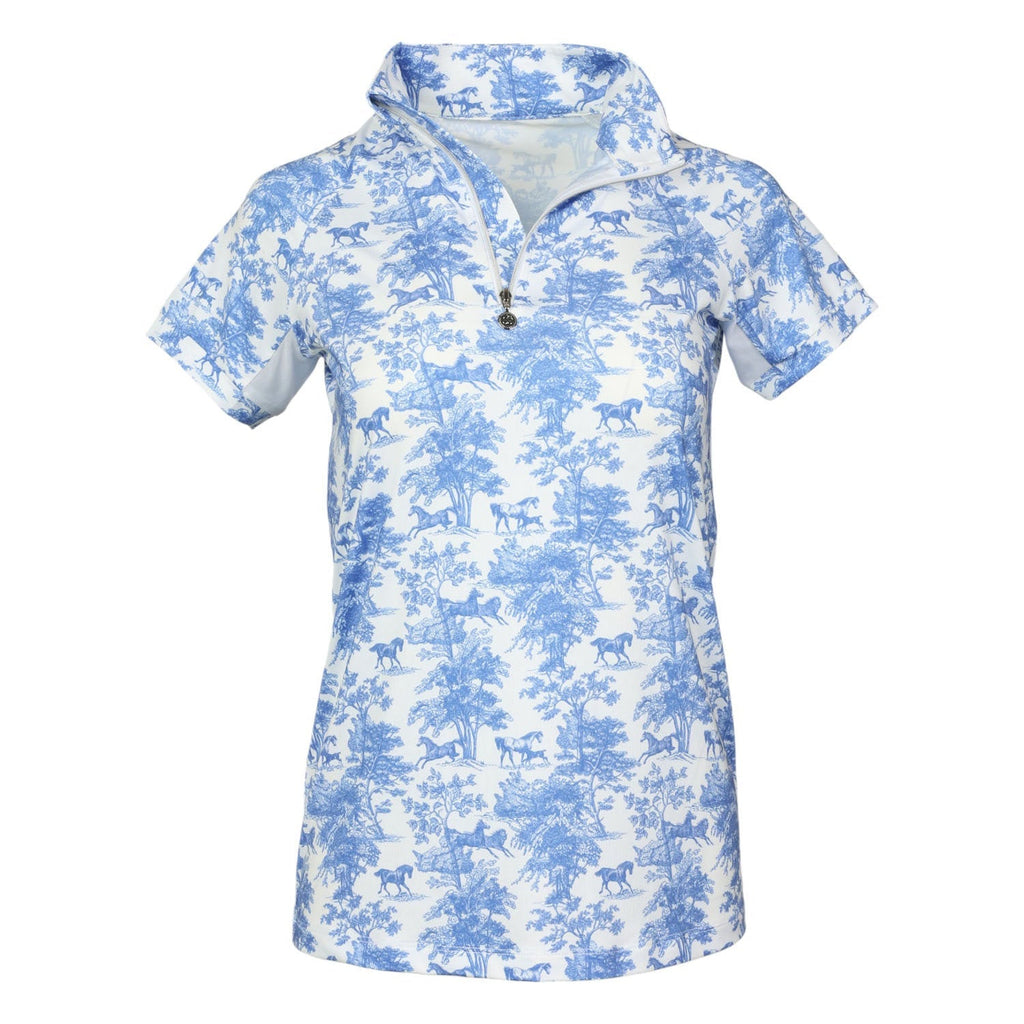 Blue and white patterned shirt with a hood on a white background