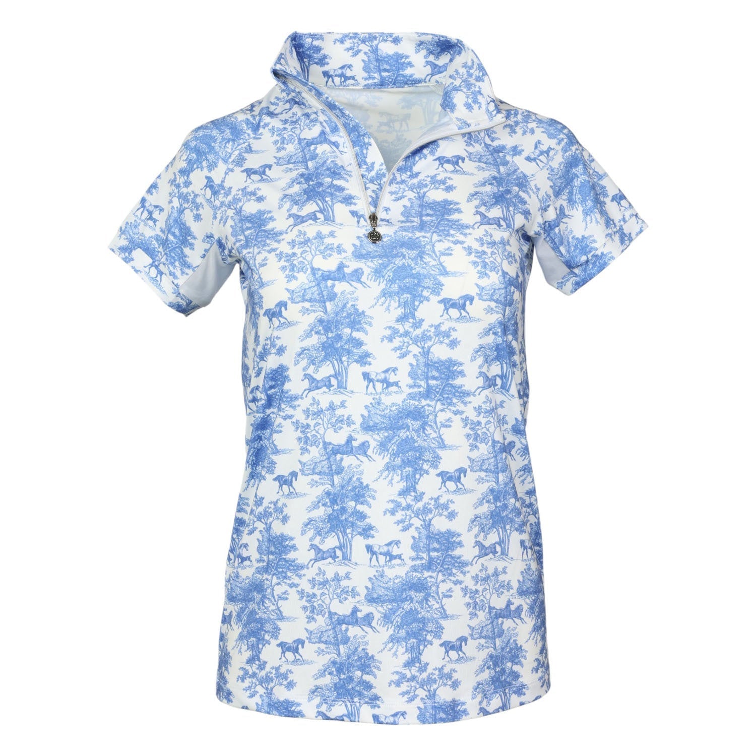 Blue and white patterned shirt with a hood on a white background