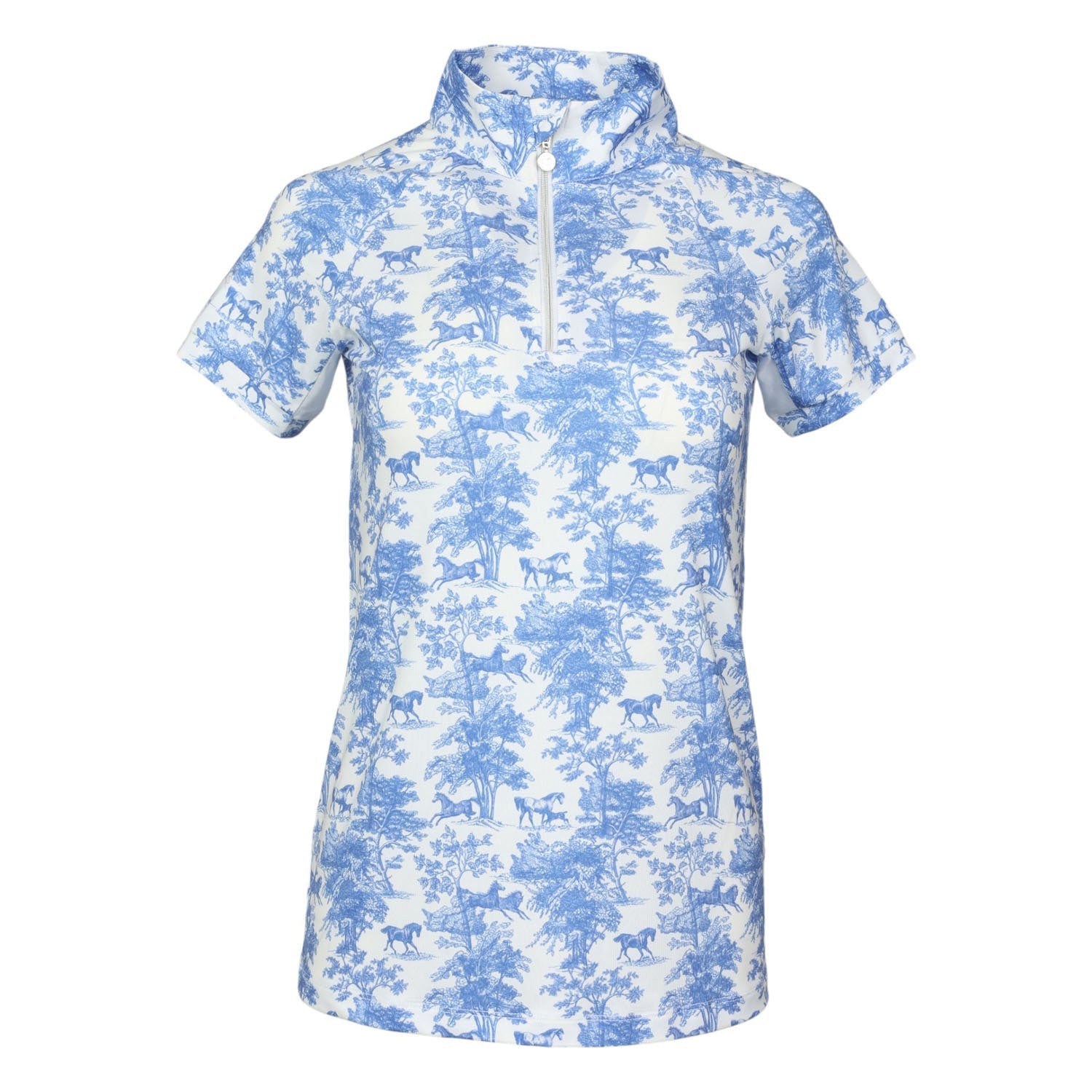 Short-sleeve shirt with blue and white horse pattern on a white background