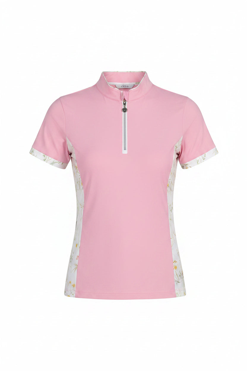a pink and white polo shirt with a gray background