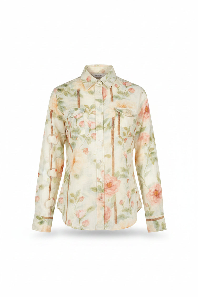 Floral Breezy Button Up Top-Tan