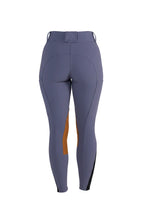 Purple riding pants with a brown stripe on a white background