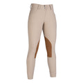 Beige equestrian pants with brown patch on a white background