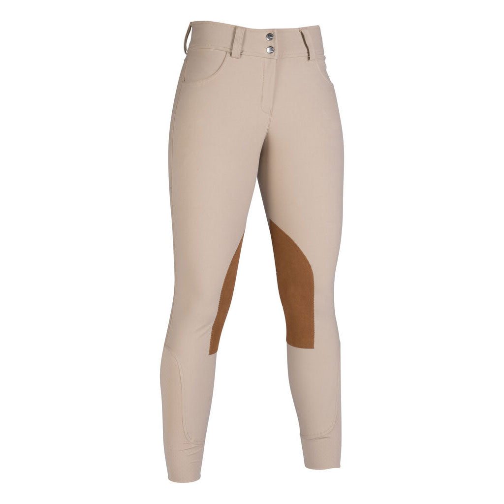 Beige equestrian pants with brown patch on a white background