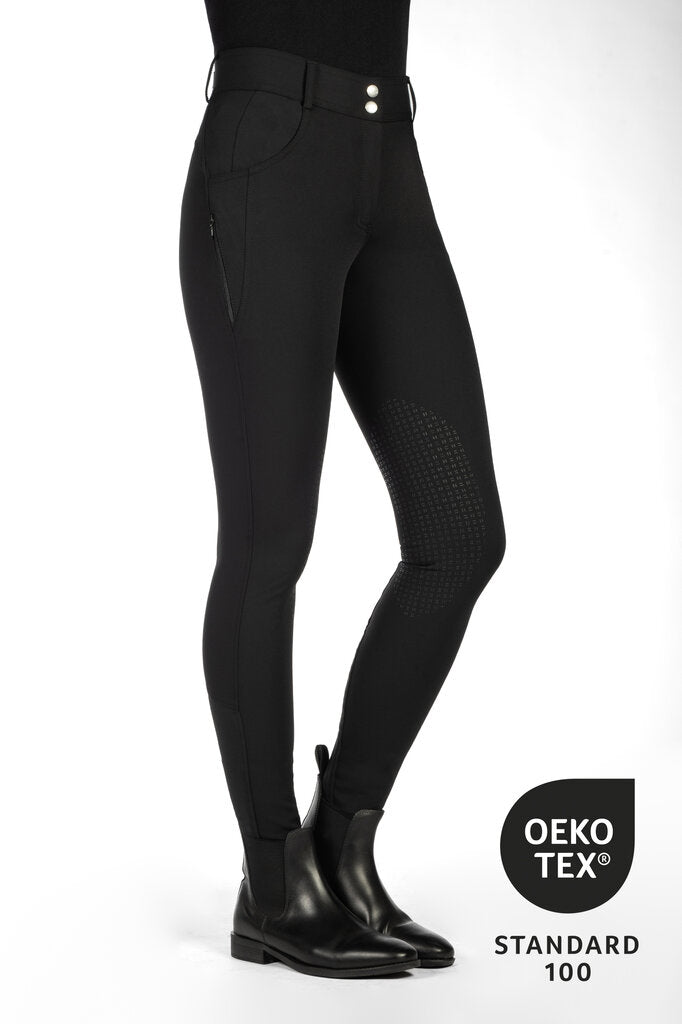Black riding pants with a white background and Oeko-Tex certification logo.