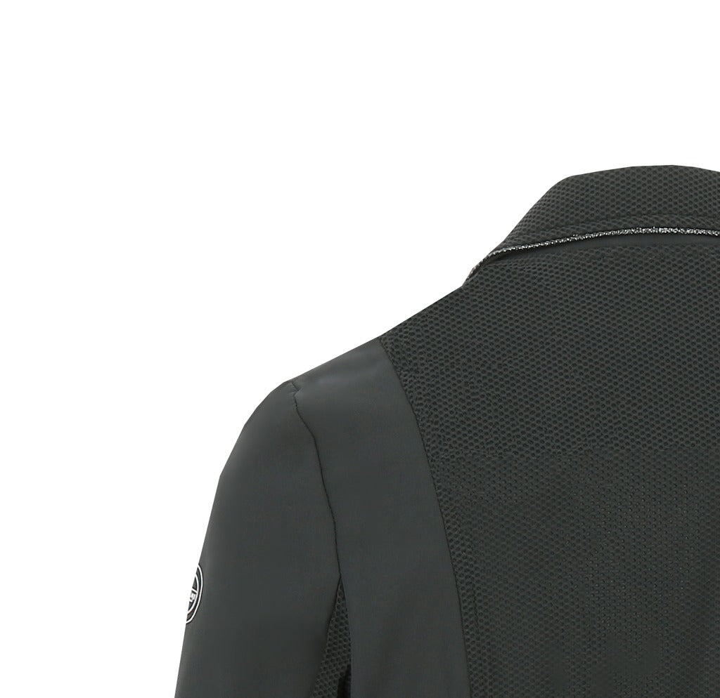 Black jacket with textured back and shoulder on a white background