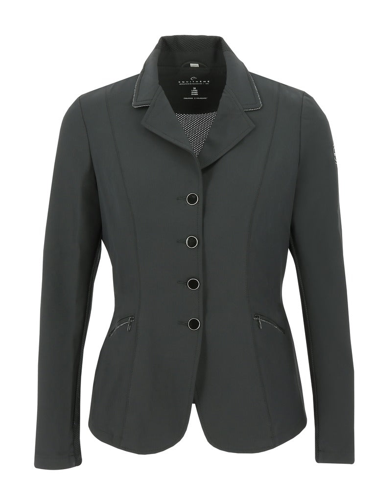 Dark gray jacket with button details on a white background