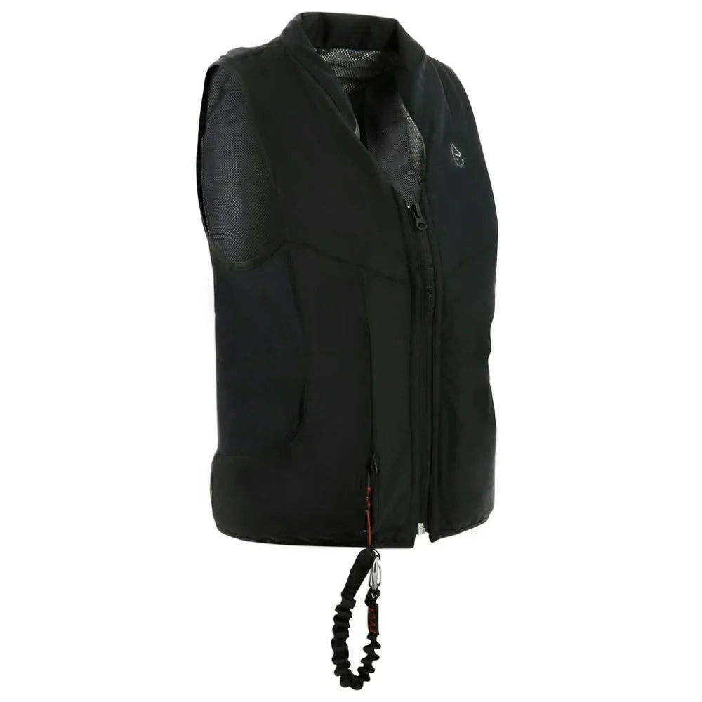 Black vest with leather accents on a white background